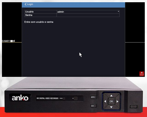 Tela de login e frente do DVR Anko do Brasil